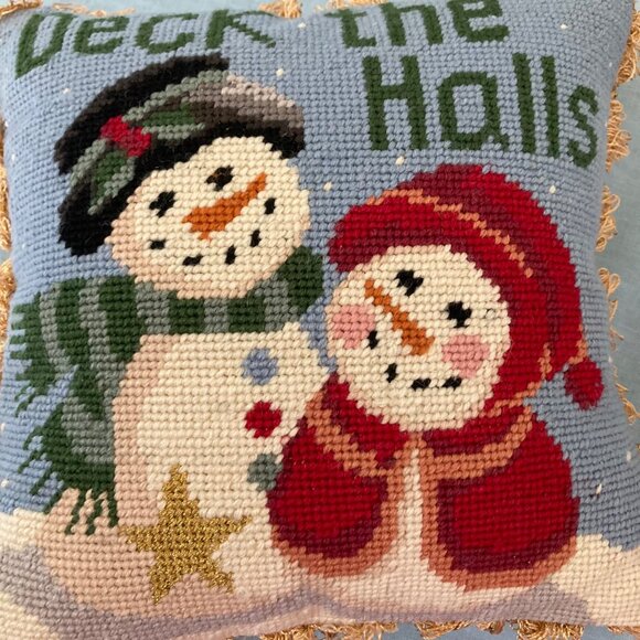 Christmas Snowman Deck The Halls Needlepoint Pillow With Tassels - Picture 2 of 6